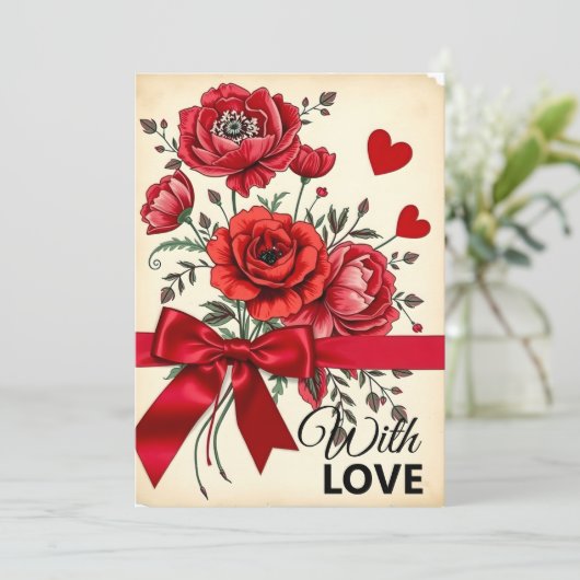 赤いエレガント花束(ハートとリボン付き) カード (スタンド正面)