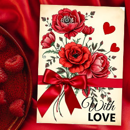 赤いエレガント花束(ハートとリボン付き) カード