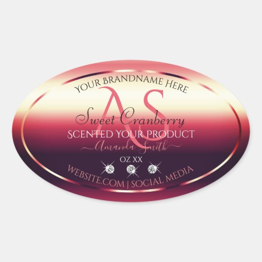 赤いエレガント製品ラベルのダイヤモンドとイニシャル 楕円形シール (正面)