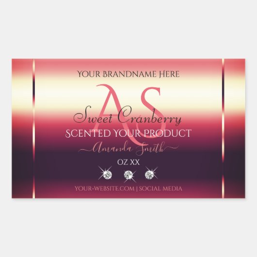 赤いエレガント製品ラベルのダイヤモンドとイニシャル 長方形シール (正面)