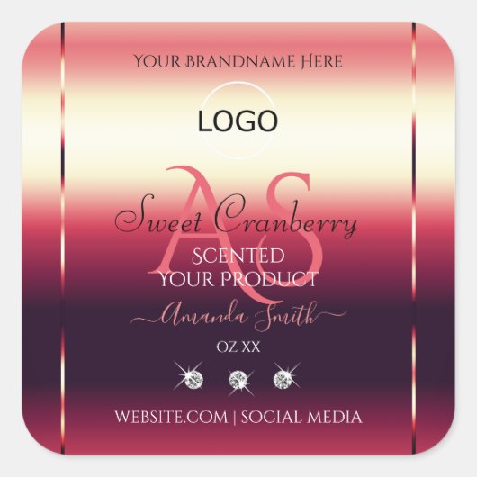 赤いエレガント製品ラベルのダイヤモンドイニシャルロゴ スクエアシール (正面)