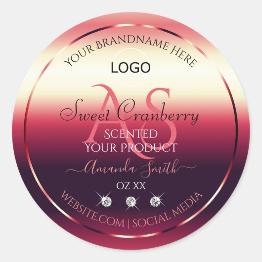 赤いエレガント製品ラベルのダイヤモンドイニシャルロゴ ラウンドシール (正面)