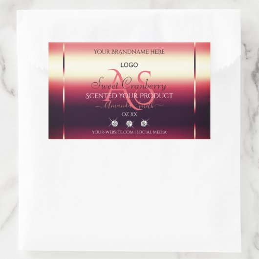 赤いエレガント製品ラベルのダイヤモンドイニシャルロゴ 長方形シール (バッグ)