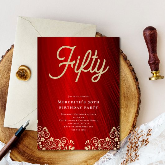 赤いエレガント金ゴールドスワール50th誕生日パーティー 招待状