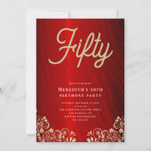 赤いエレガント金ゴールドスワール50th誕生日パーティー 招待状 (正面)