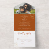 赤いエレガント金ゴールドフローラフォトウェディングRSVP オールインワン招待状 (内側)