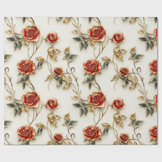 赤いエレガント金ゴールドヴィンテージバラ ラッピングペーパー (フラット)