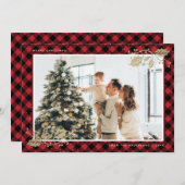 赤いエレガント金ゴールド格子模様の写真クリスマスカード シーズンカード (正面/裏面)