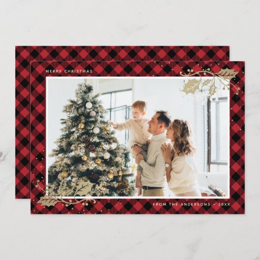 赤いエレガント金ゴールド格子模様の写真クリスマスカード シーズンカード (正面/裏面)