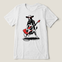 赤いエレキギターをかき鳴らすクールなロックスターの牛 トライブレンドTシャツ