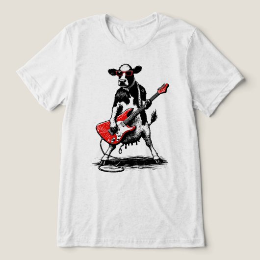 赤いエレキギターをかき鳴らすクールなロックスターの牛 トライブレンドTシャツ (デザイン正面)