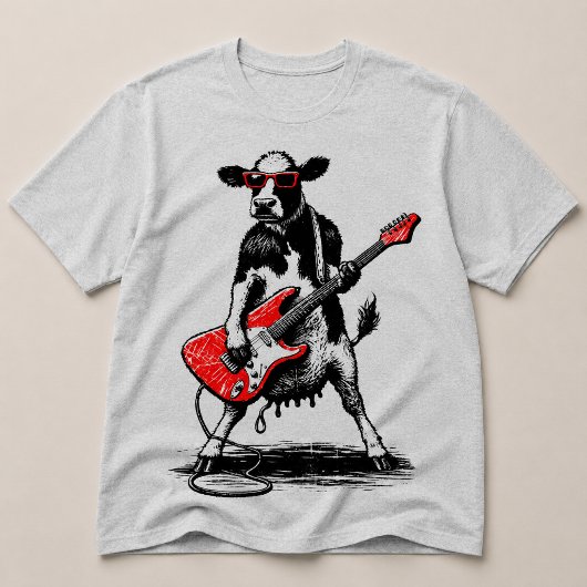赤いエレキギターをかき鳴らすクールなロックスターの牛 Tシャツ