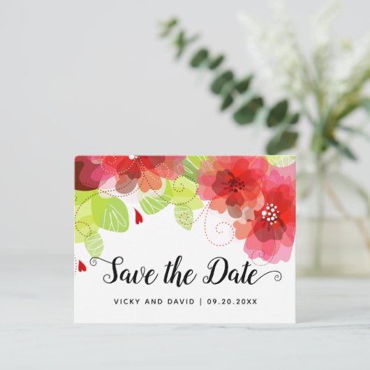 赤いエーテルの花の結婚式の日付を保存 ポストカード (スタンド正面)