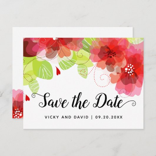 赤いエーテルの花の結婚式の日付を保存 ポストカード (正面/裏面)