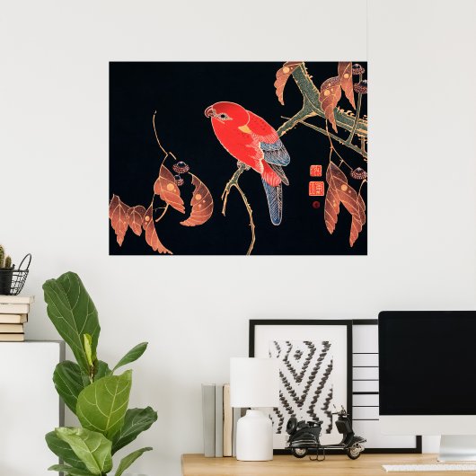 赤いオウムの木の枝by伊藤若冲 ポスター (ホームオフィス)