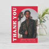 赤いオフセットアーチ写真卒業 サンキューカード (スタンド正面)