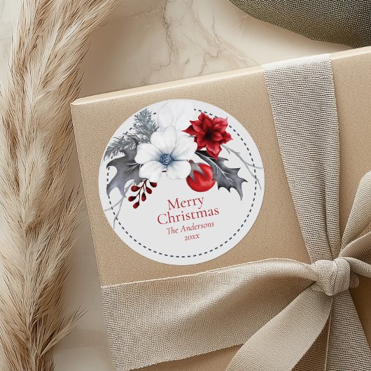赤いオフホワイトの葉クリスマスプレゼントのシール ラウンドシール