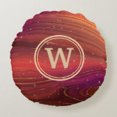 赤いオレンジと紫の輝く渦巻きイニシャル ラウンドクッション (正面)