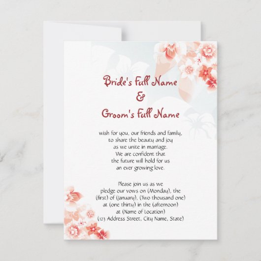 赤いオレンジのハワイのハイビスカス 招待状 (正面)