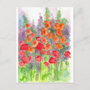 赤いオレンジケシのGladiolaの花の水彩画の庭 ポストカード