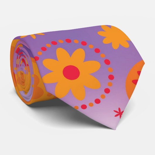赤いオレンジ及び紫色の腰回りが大きな花模様 ネクタイ (ロール)