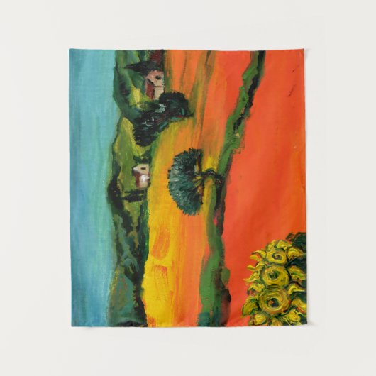 赤いオレンジ色のヒマワリを持つトスカーナの風景 タペストリー (正面)