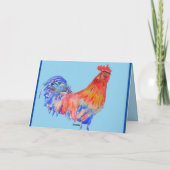 赤いオンドリ絵を描ーの水色の誕生日カード カード (裏面)