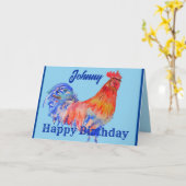 赤いオンドリ絵を描ーの水色の誕生日カード カード (黄色い花)