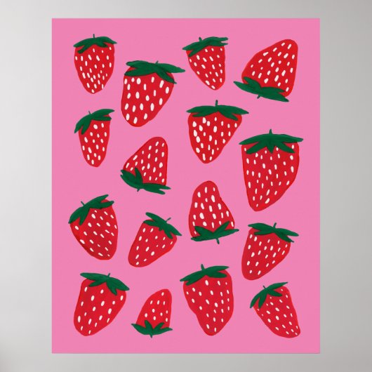 赤いオーガニックピンク色の背景の夏のイチゴ ポスター (正面)