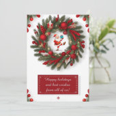 赤いオーナメントが付いたクリスマスの飾り輪 シーズンカード (スタンド正面)