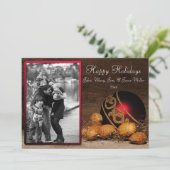 赤いオーナメントとナッツのクリスマスフォトカード シーズンカード (スタンド正面)