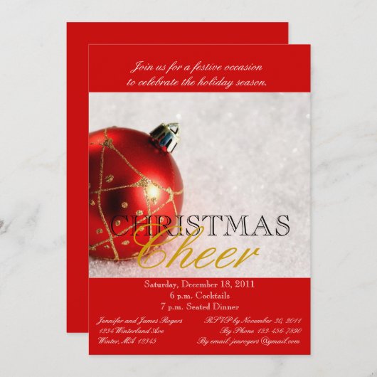 赤いオーナメントのクリスマス夕食のパーティの招待状 招待状 (正面/裏面)