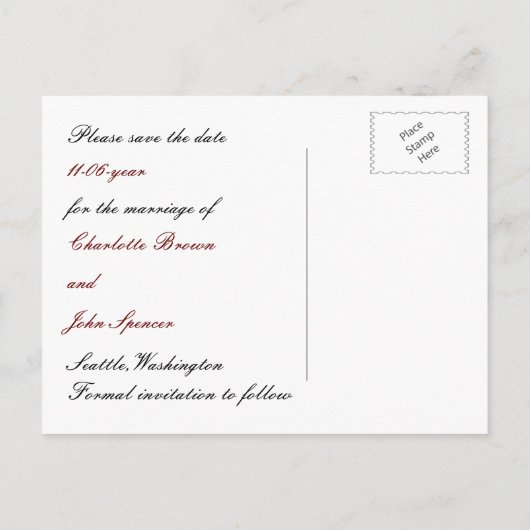 赤いオーナメントの冬の結婚式は日付を保存 案内ポストカード (裏面)