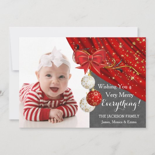 赤いオーナメントフォトクリスマス シーズンカード (正面)