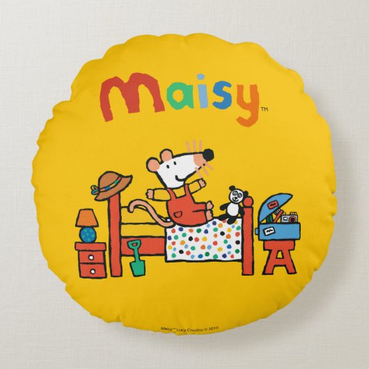 赤いオーバーオールの愛らしいMaisy ラウンドクッション (正面)