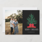 赤いカウボーイのブーツとトウヒのメリークリスマス シーズンカード (正面)