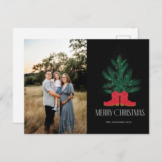 赤いカウボーイのブーツとトウヒのメリークリスマス シーズンポストカード (正面/裏面)