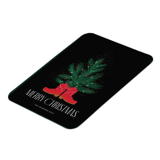 赤いカウボーイのブーツとトウヒのメリークリスマス マグネット (左側)