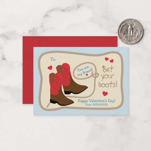 赤いカウボーイブーツウェスタンクラスルームのバレンタインデー ノートカード (正面/裏面インサイチュ)