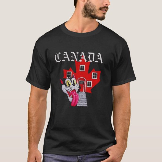 赤いカエデの葉の家と猫 Tシャツ (正面)