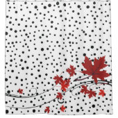 赤いカエデ葉の水玉模様と黒 シャワーカーテン (正面)
