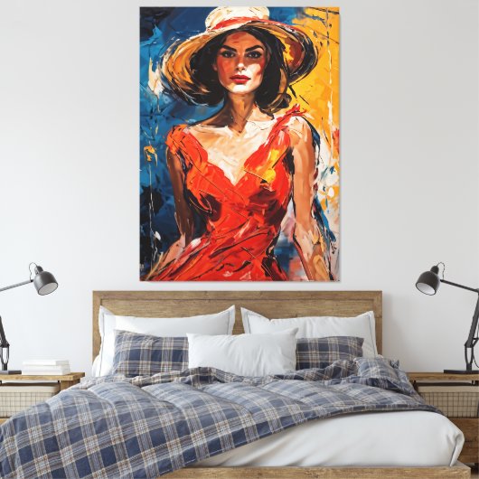 赤いカクテルドレスを着た女性 キャンバスプリント (インサイチュ (寝室))