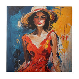 赤いカクテルドレスを着た女性 タイル