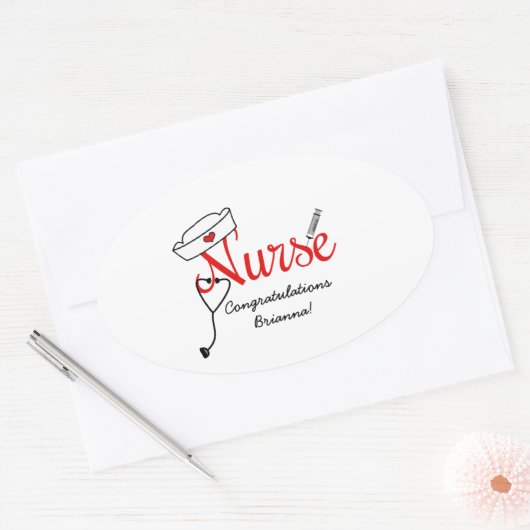 赤いカスタムなナースの卒業の好意のステッカー 楕円形シール (封筒)