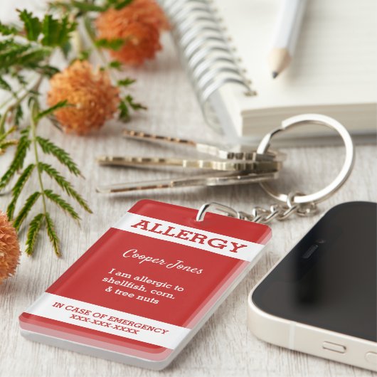 赤いカスタムは食物アレルギー警報赤の警告をからかいます キーホルダー (正面右)