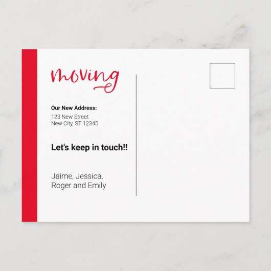 赤いカスタム写真の移動案内カード ポストカード (裏面)