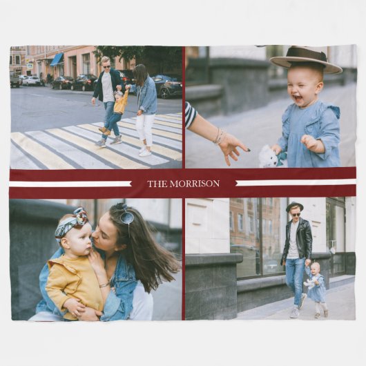 赤いカスタム写真コラージュの家族の名前パーソナライズされた フリースブランケット (正面(横))