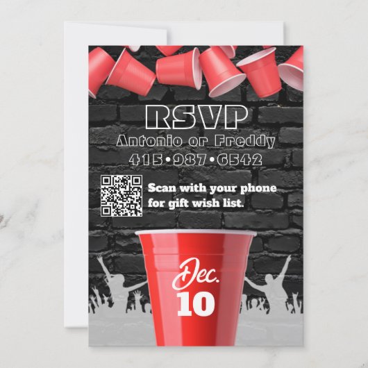 赤いカップを上げるグランジスタイル誕生日パーティーの写真 招待状 (裏面)