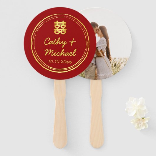 赤いカップル中国のの結婚二重の幸せ ハンドファン (正面&裏面)
