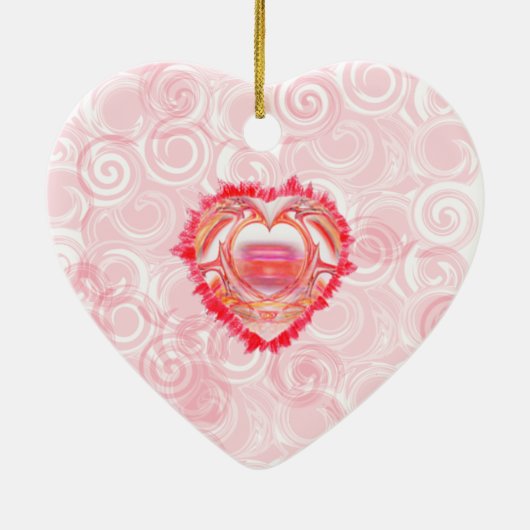 赤いカラフルらせん抽象芸術のハート セラミックオーナメント (裏面)